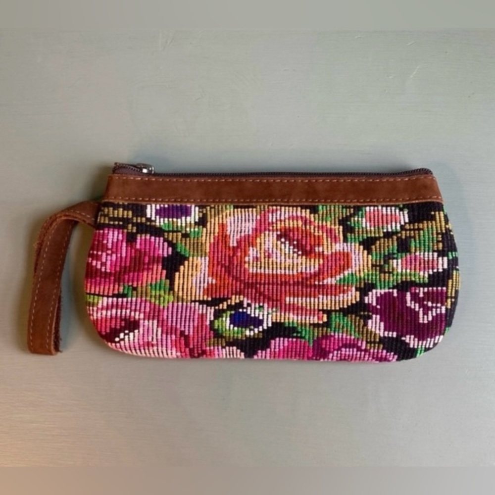Nena & Co full grain leather and huipil wristlet wallet bag
